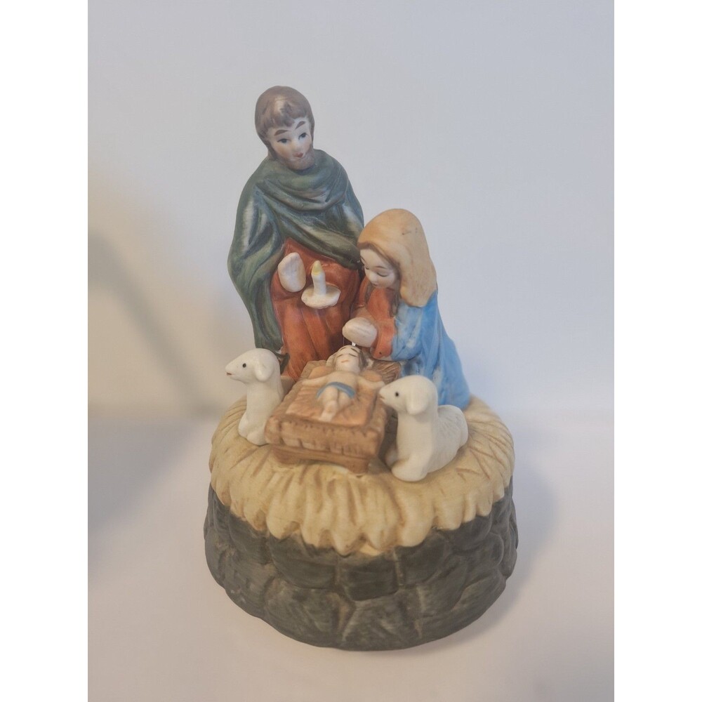 Vtg Holy Family Mary Joseph Jesus Ceramic Musical Figurine Christmas 6-1/2" Tall